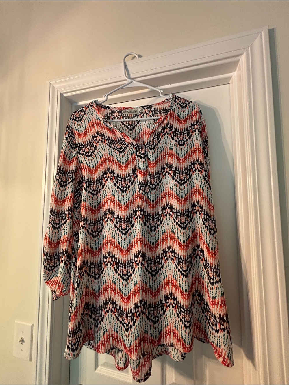 Versona Multicolor Chevron Print Blouse - Coral, Navy, Mint